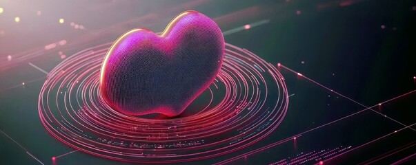 Poster - Vibrant Heart Shape on Abstract Background with Digital Highlights Representing Love, Connection, and Modern Technology in a Futuristic Setting