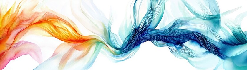 Poster - Elegant and Abstract Flowing Waves of Colorful Streamlines in Bright Orange Blue and Yellow on White Background for Modern Art Designs and Visuals