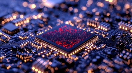 Poster - Close-up of a modern computer chip embedded in a circuit board illuminated by glowing lights with a dreamlike blue background for tech themes