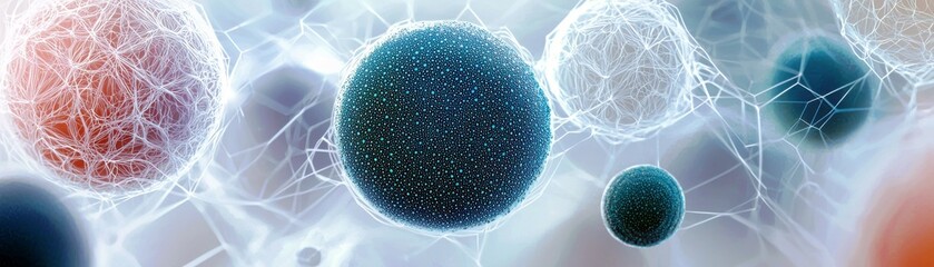 Poster - Abstract Representation of Microscopic Spheres and Networks Illuminated by Soft Light, Symbolizing Cellular Activity and Biological Connections