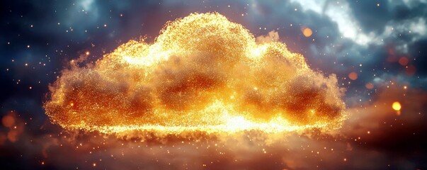 Poster - Dramatic Cloud Formation with Glowing Light and Sparkling Particles Against a Dark Sky Background, Perfect for Creative Visuals and Artwork