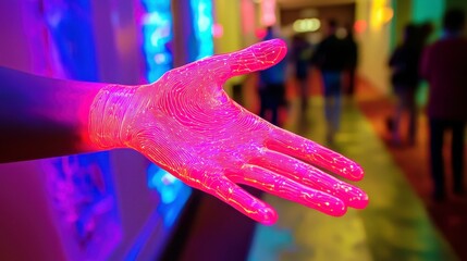 Poster - Futuristic digital hand with glowing fingerprint patterns against a vibrant background in a modern art space showcasing technology and creativity