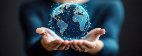 Poster - Hands Holding Digital Globe with Connected Nodes Representing Global Network and Connectivity in Modern Technology and Communication