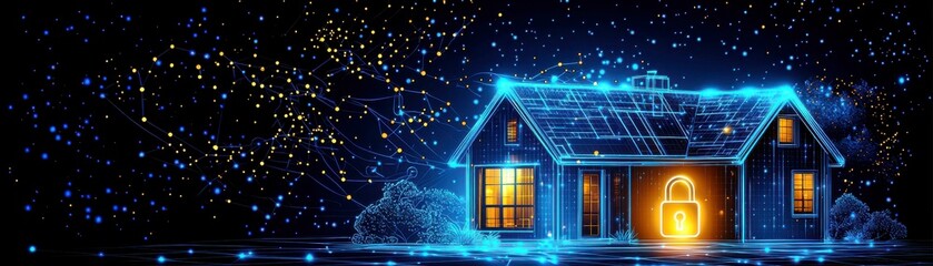 Poster - Futuristic Smart Home with Digital Security Lock Symbolizing Advanced Technology and Cyber Protection at Night with Starry Background