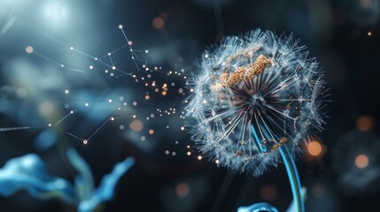 Fototapete - A digital visualization of a dandelion surrounded by luminous network lines and particles, rendered in ethereal blue hues and a futuristic design. AI generated.