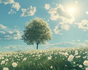 Poster - Beautiful meadow with blooming daisies and a solitary tree under a clear blue sky