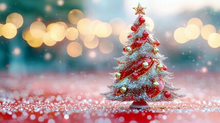 Poster - Sparkling Christmas Tree Decorated with Ornaments and Lights on a Festive Background of Glittering Red and Blurred Bokeh Lights