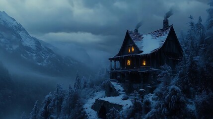 Wall Mural - A Lonely Cabin in a Snowy Mountain Valley