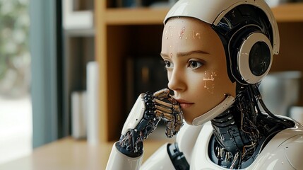 Poster - Realistic humanoid robot deep in thought, showcasing intricate design with visible mechanical components and a thoughtful expression in modern interior setting