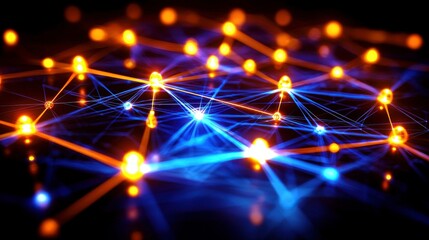 Poster - Abstract network of glowing blue and orange connections depicting technology, communication, data flow, and digital innovation in a vibrant dark background