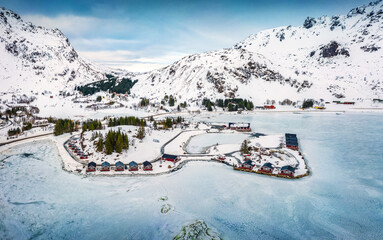 Wall Mural - wonderful winter view from flying drone of kongsjordpollen fjord on vestvagoy island, norway, europe