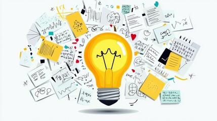 Poster - Creative Concept of a Light Bulb Surrounded by Sketches and Notes Representing Innovative Ideas and Inspiration for Brainstorming Sessions
