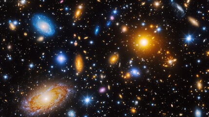Fr Vast cosmic landscape filled with swirling galaxies, vibrant nebulae, and twinkling stars against a deep black sky.