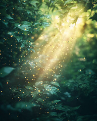 Poster - Golden rays of sunlight filter through the leaves in a serene forest, illuminating floating particles in the air