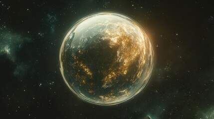 Globe with transparent oceans, floating in space, surrounded by stars