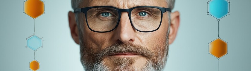 Poster - focused scientist with glasses, surrounded by colorful molecular structures, showcases dedication to