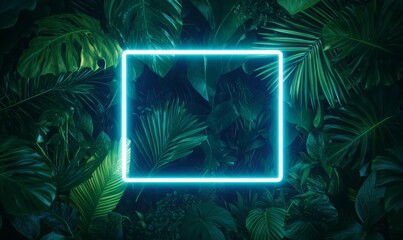 Wall Mural - White Neon Light with Tropical Plants. Square shaped Fluorescent Frame in Nature Environment.