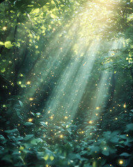 Poster - Sunlight filters through trees creating a magical atmosphere in a forest filled with glowing particles at dusk