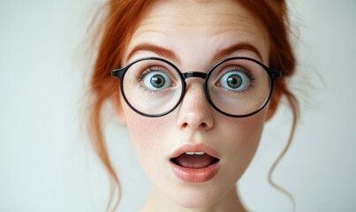 Wall Mural - A redhead woman wearing elegant glasses, a young woman. Her face shows an expression of surprise at how well she can see with her new glasses, soft natural light