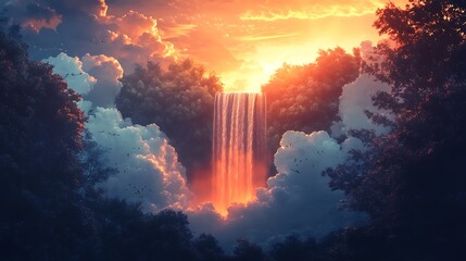 Wall Mural - Fiery Waterfall Sunset Through Cloudscape Forest