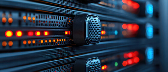 Poster - Close up of server racks with illuminated lights, showcasing technology