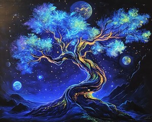 Wall Mural - Celestial Tree Illuminated In A Night Sky Landscape