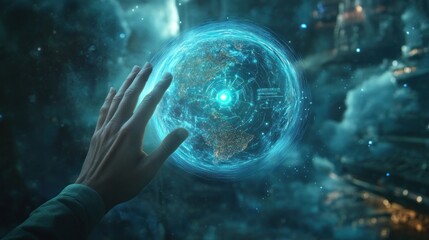 Wall Mural - hand reaching towards a futuristic, glowing earth hologram in space.