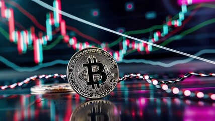 Poster - Gold bitcoin coin reflecting on a surface with a blurred bullish candlestick chart in the background, symbolizing growth in the cryptocurrency market and investment potential