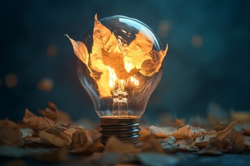 Poster - Glowing autumn leaves inside a lightbulb on a bed of fallen leaves.
