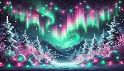 create magical aurora borealis background with glowing green and pink lights dancing across dark sno