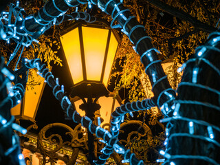 Wall Mural - yellow urban lantern and blue garlands in night