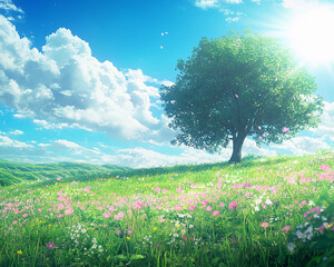 Poster - Vibrant spring meadow with blooming flowers and a large tree under a sunny sky