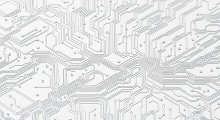 Poster - Abstract circuit board pattern on white background. Complex network of lines, shapes create intricate geometric design. High-tech style with gray color tone. Flat composition suitable for tech