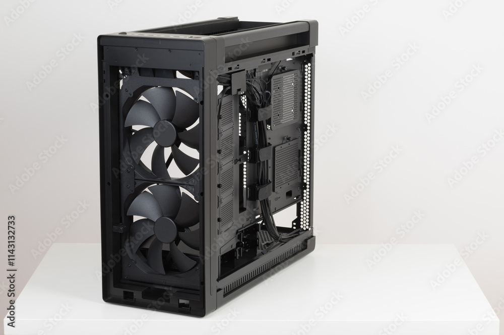 Side view of empty big tower, PC case, chassis, without upper , front ...