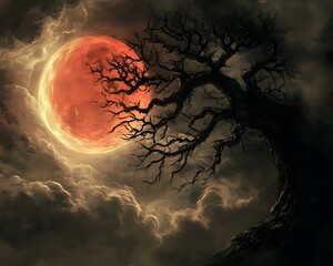 Wall Mural - Blood Moon Rises Behind a Twisted Barren Tree