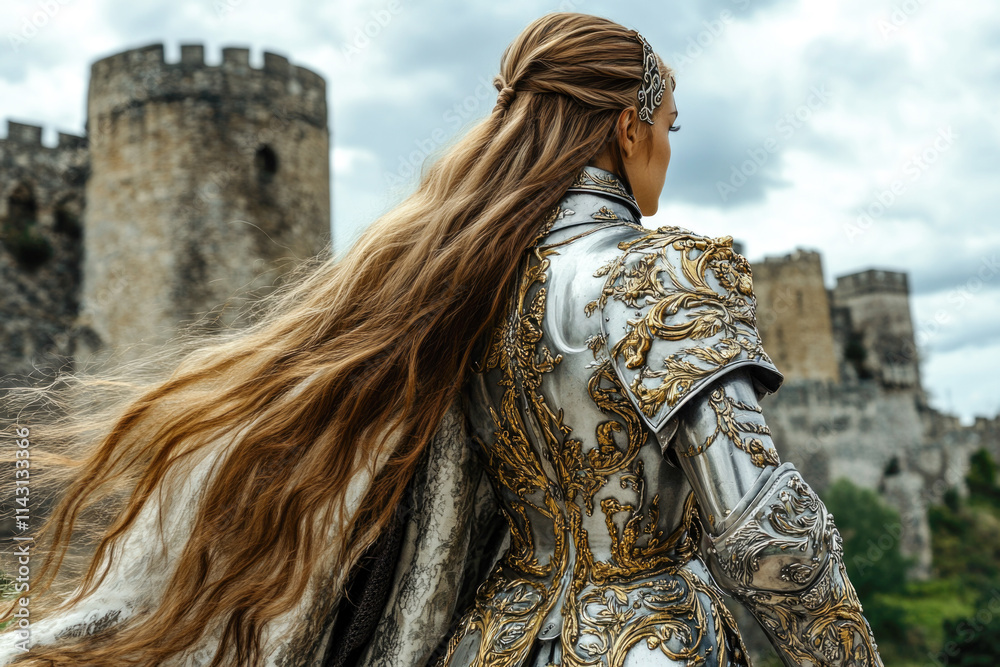 Female warrior in ornate armor with flowing hair at historic castle ...