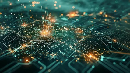 Poster - Complex network of interconnected nodes and lines forming a futuristic cityscape, illuminated by glowing lights and pulsating with data streams, symbolizing advanced technology and connectivity