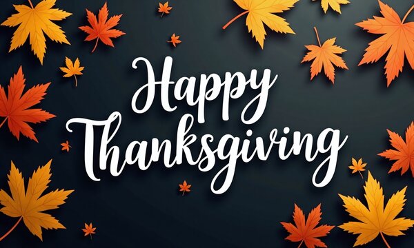 Elegant white calligraphy Happy Thanksgiving text dark background