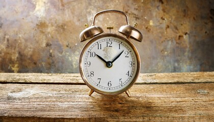 A classic alarm clock on an old-fashioned wooden desk,