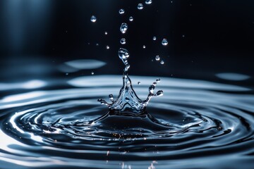 Poster - Water droplet impact, creating a crown splash and concentric ripples on a dark surface.