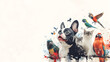 © Erika - un fondo blanco con espacio de copia con una ilustracion de mascotas de animales domesticos divertidos y amistosos