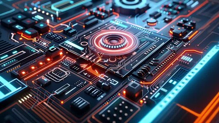 Poster - Complex network of circuits and glowing components illustrating advanced technological innovation, signifying the power and potential of future computing