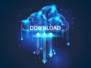 Poster - Futuristic blue glowing digital cloud with 'Download' text and arrow symbols representing data transfer.