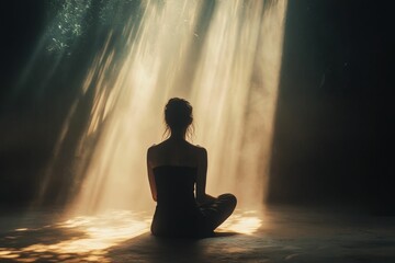 Poster - Silhouetted person meditates, sunbeams illuminate.