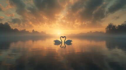 Wall Mural - Two Swans Forming Heart Shape at Sunrise Over Misty Lake