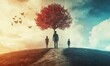 © jambulart - Silhouetted figures, tree, butterflies, divided landscape.
