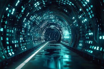 Poster - Digital data stream of numbers and letters in the dark tunnel with glow, futuristic background for technology concept