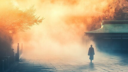 Poster - Solitary figure walks misty path, ancient structure looms.