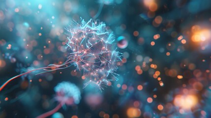 Fototapete - A vibrant digital artwork featuring a dandelion entangled with a glowing network, capturing abstract beauty with bright, dynamic light effects. AI generated.