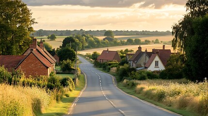 Wall Mural - Picturesque Country Road Winding Through Charming Village Homes